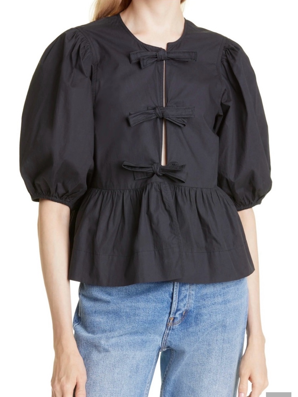 Isalis Women's Black Puff-Sleeve Bow Front Top